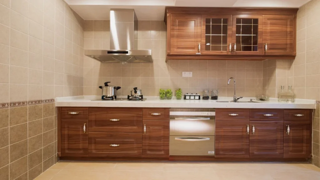 Traditional wood cabinetry and tiled wall layout inspired by classic restaurant makeovers seen in burger kitchen kitchen nightmares episodes.