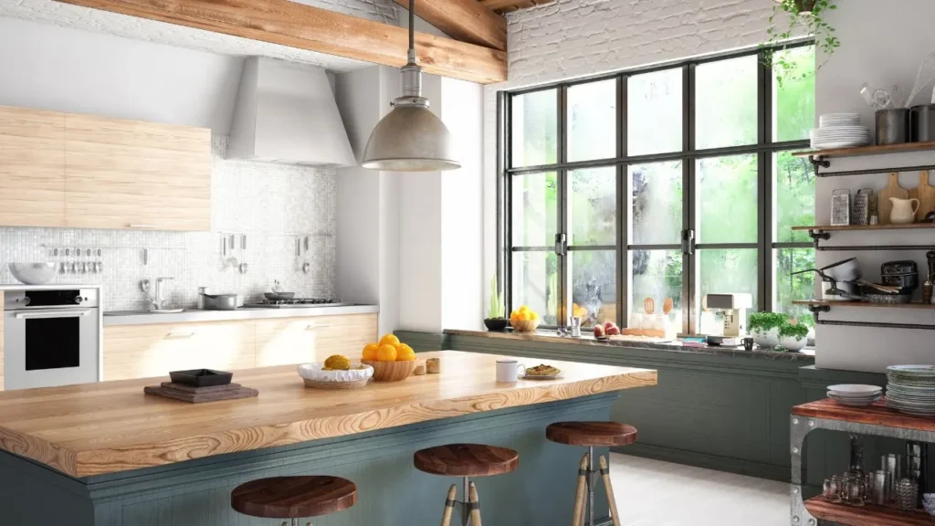 Cozy cream-colored country kitchen featuring cream cabinetry, woven storage baskets, and a central natural wood kitchen dining table island.