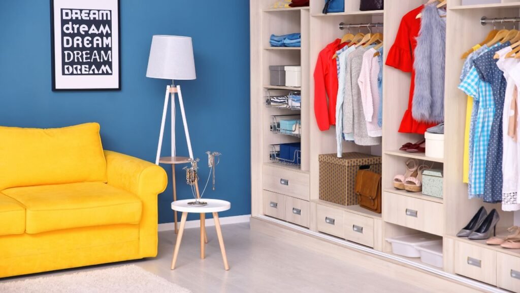 A Dressing Room with an Open Wardrobe
