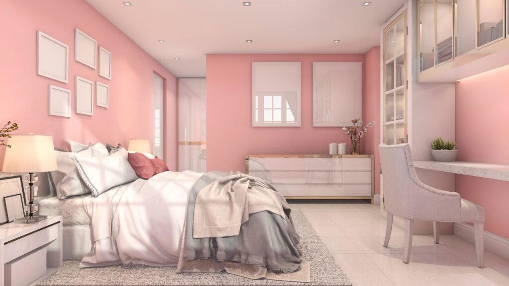 A comfortable, well-lit space demonstrating a typical standard bedroom size, perfectly fitting a gray upholstered bed, a white multi-tier bookshelf, and a bedside nightstand.