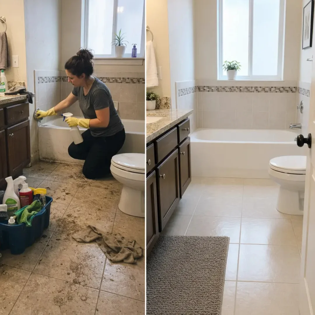 A side-by-side deep cleaning comparison. On the left, a woman in yellow gloves scrubs grimy floor tiles and bathtub corners. On the right, the same bathroom is sparkling clean, showcasing pristine white tiles, a spotless bathtub, and a neat grey bath mat.