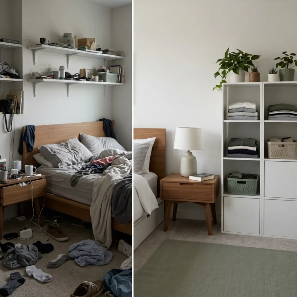 Before and after of a bedroom. On the left, an unmade wooden bed is surrounded by clothes scattered on the floor and cluttered nightstands. On the right, the bed is neatly made with clean white bedding next to organized white bookshelves and a minimalist green rug.
