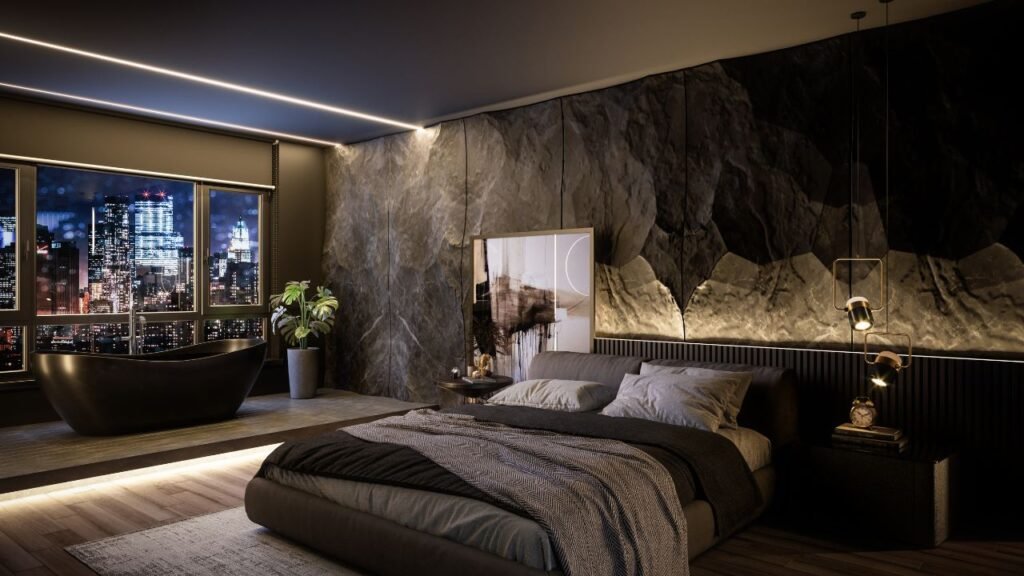 A contemporary sleeping space equipped with sleek decor and satisfying bedroom gadgets, including futuristic glowing pendant lights hanging elegantly beside a minimalist platform bed.