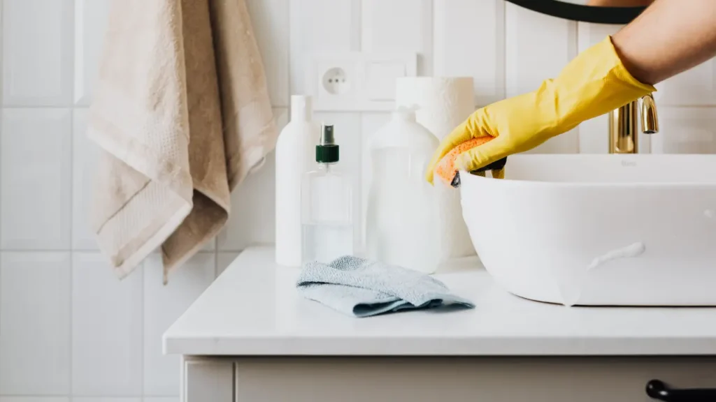Person wearing yellow rubber gloves scrubbing a bathroom sink with a sponge