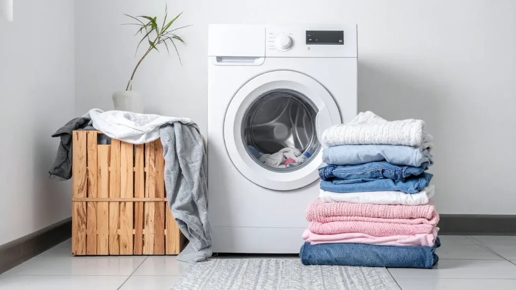Stack of folded towels, jeans, and clothes beside a white front-load washing machine with a wooden crate hamper