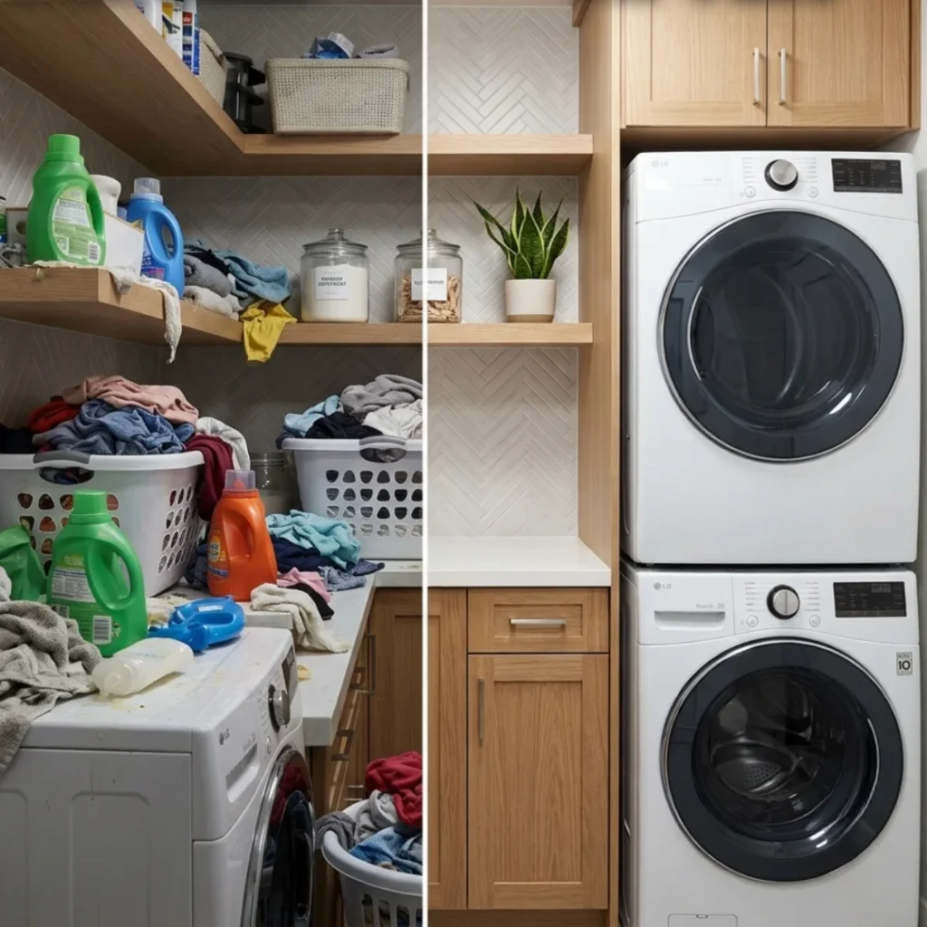 Before and after comparison of a laundry room. The left side is chaotic with overflowing laundry baskets, clothes, and messy detergent bottles. The right side is a clean, modern laundry nook featuring a stacked white washer and dryer, wood cabinets, and a potted snake plant