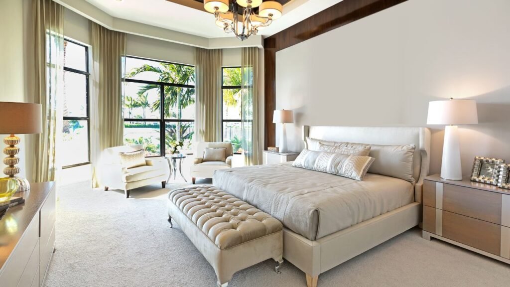 A neatly organized transitional space illustrating proper bed placement feng shui bedroom principles, with the tufted headboard positioned securely against a solid wall for optimal