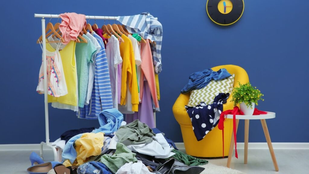 
Messy Dressing Room Interior with Clothes Rack and Stylish Armchair