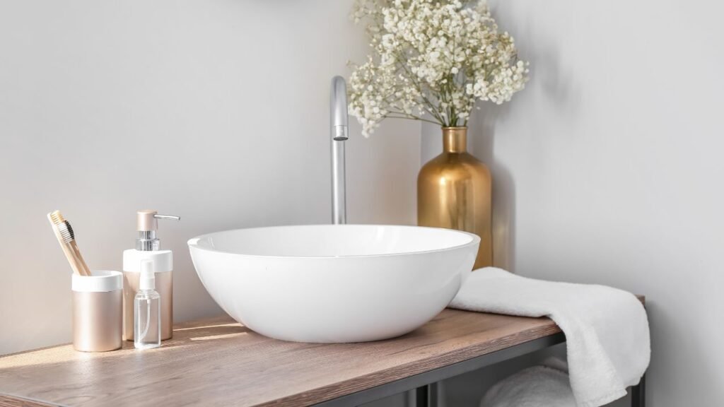 Elegant bathroom decorations with polished marble walls, matte black fixtures, and a floating white vanity
