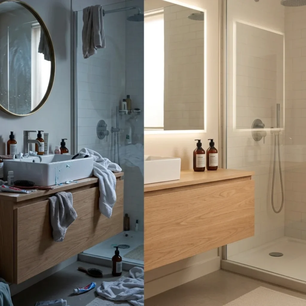 Split-screen before and after comparison of a bathroom vanity. The left side shows a messy sink cluttered with toiletries and toothpaste. The right side shows a clean, organized modern light-wood floating vanity with a backlit LED mirror and a tidy glass shower