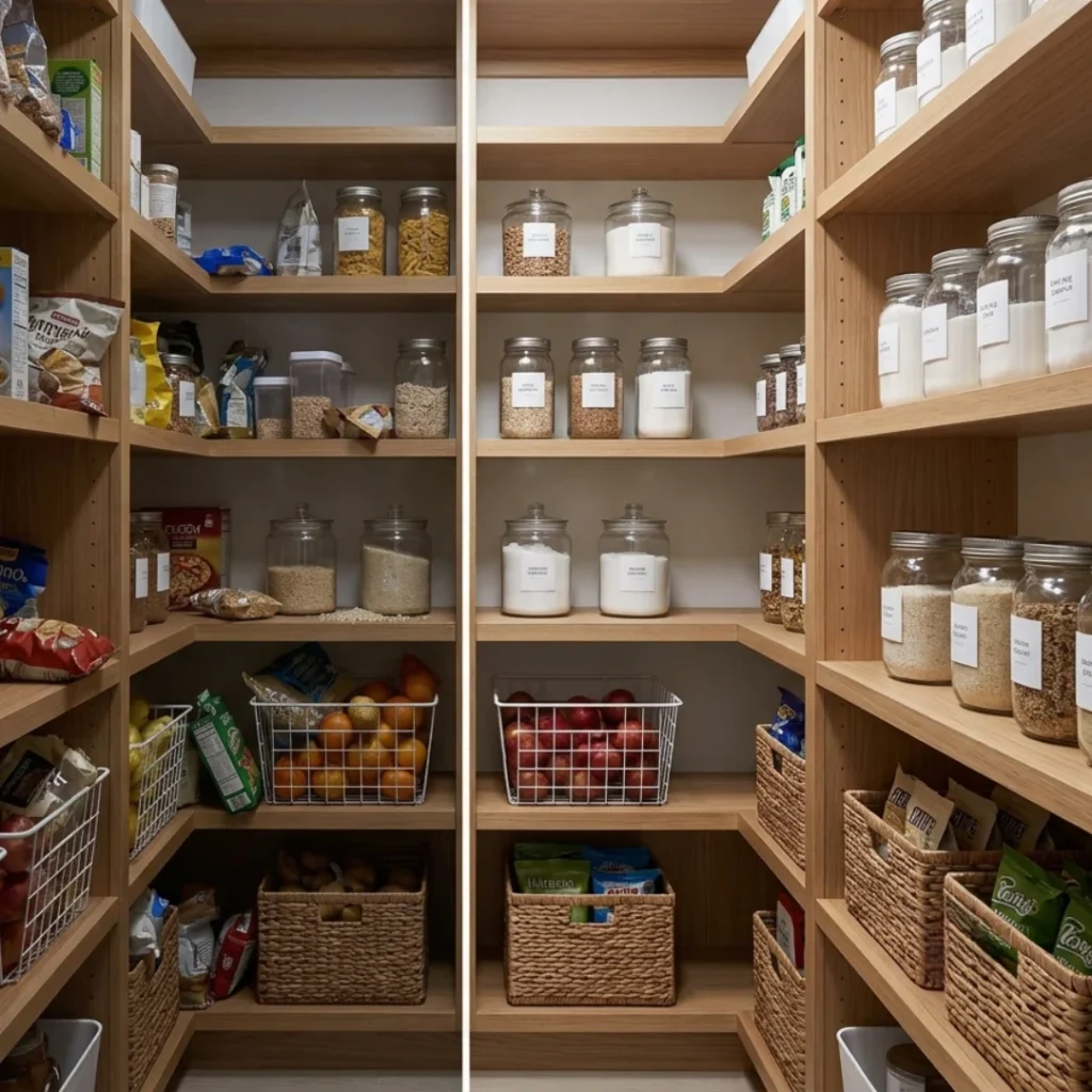 An organized modern walk-in pantry with wooden shelves. Symmetrical glass storage jars with neat white labels hold dry ingredients, while wire baskets hold fresh fruit, and woven wicker storage bins organize the bottom shelves.