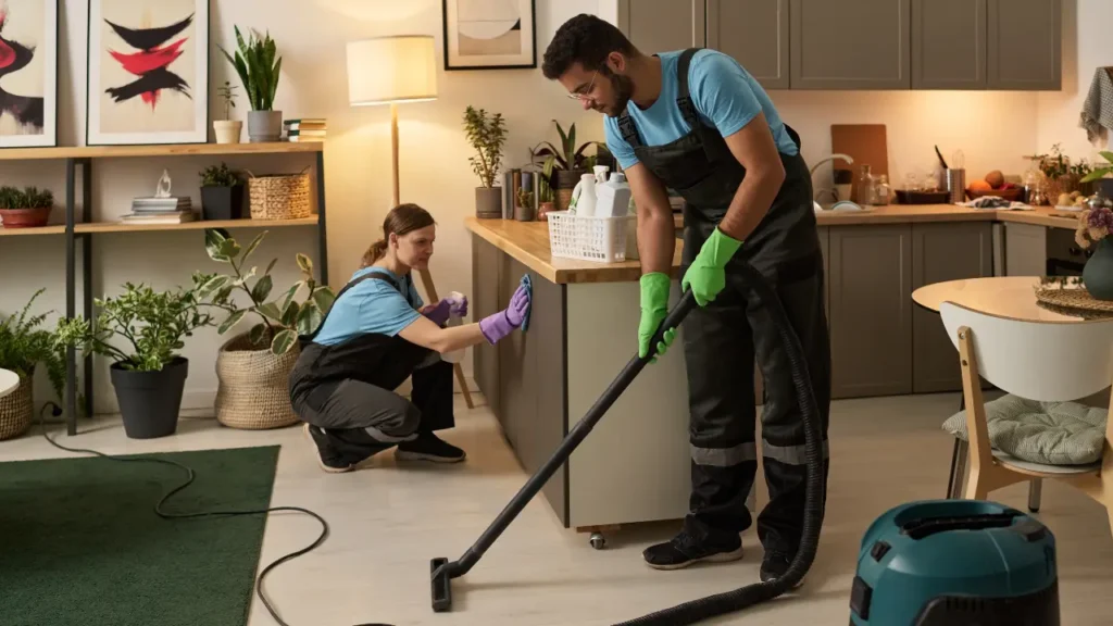 Two professional cleaners in uniforms working in a kitchen, one vacuuming and one wiping cabinets