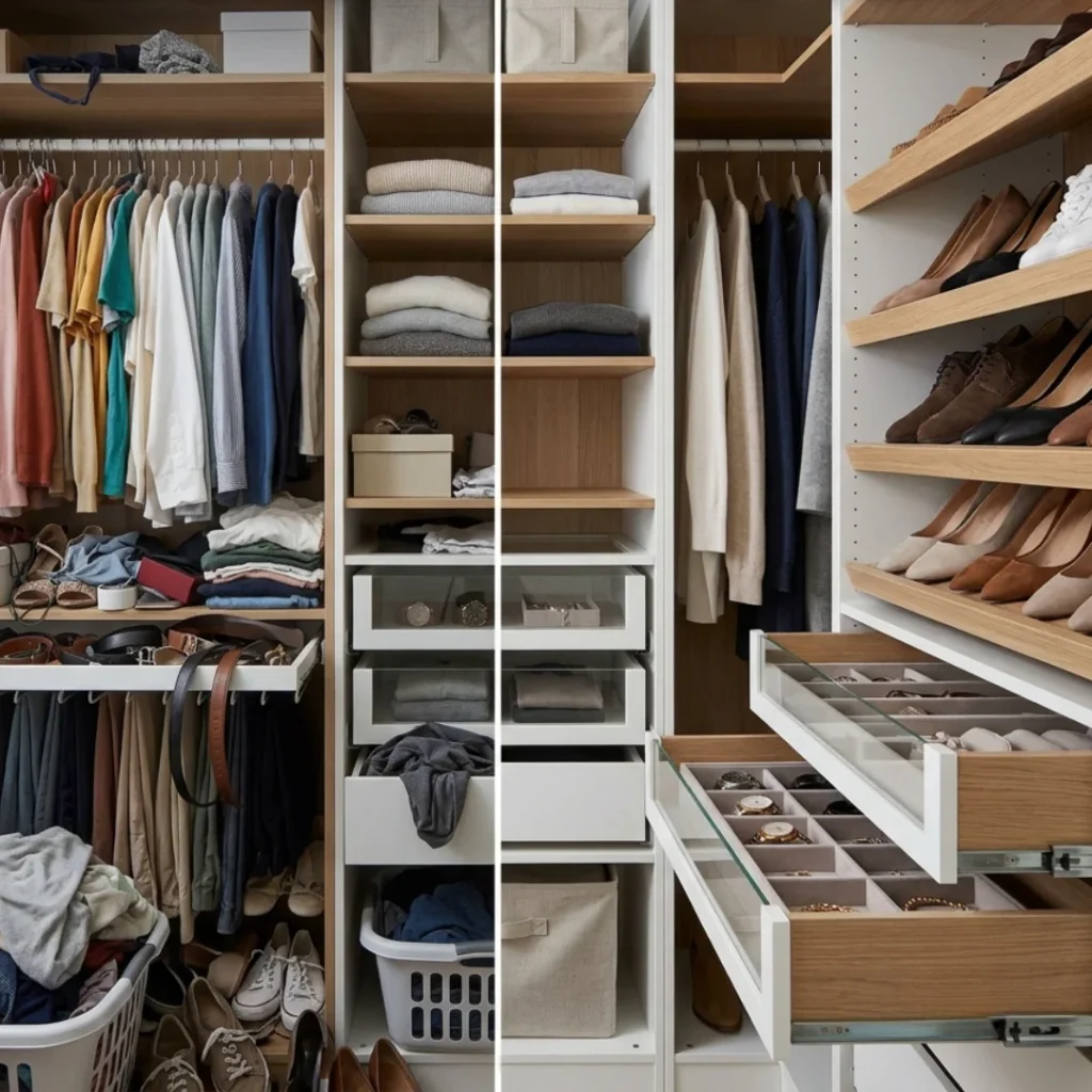 "A before-and-after transformation of a walk-in wardrobe. The left half displays a messy closet with disorganized shelves and a pile of laundry. The right half shows a meticulously organized closet with color-coordinated hanging clothes, neat shoe racks, and custom accessory drawers