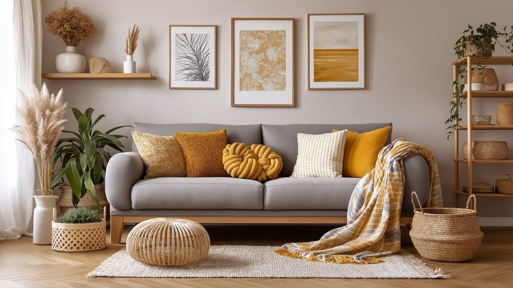 Boho-style living room with a gray sofa, mustard yellow throw pillows, pampas grass, and a rattan pouf on a woven rug