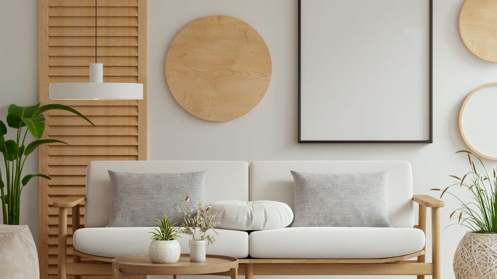 Scandinavian-style living room with a white sofa, wood slat wall paneling, and round wooden wall decor