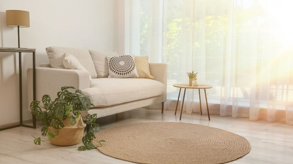Bright living room with a beige sofa, patterned throw pillows, sheer curtains, and a round jute rug in warm sunlight