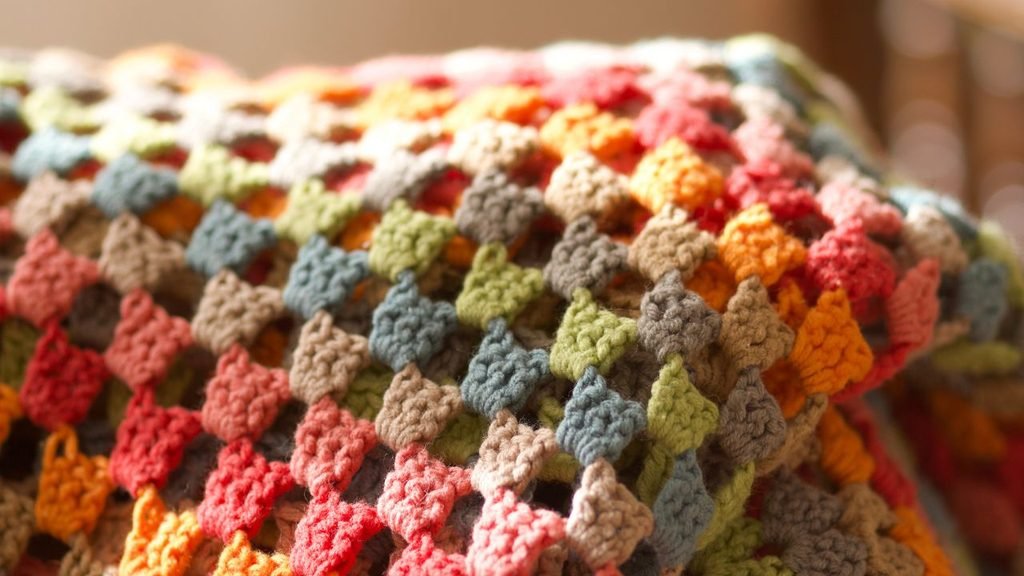A close-up view of a colorful crocheted blanket featuring a textured granny square pattern in varying shades of red, pink, green, blue, and 