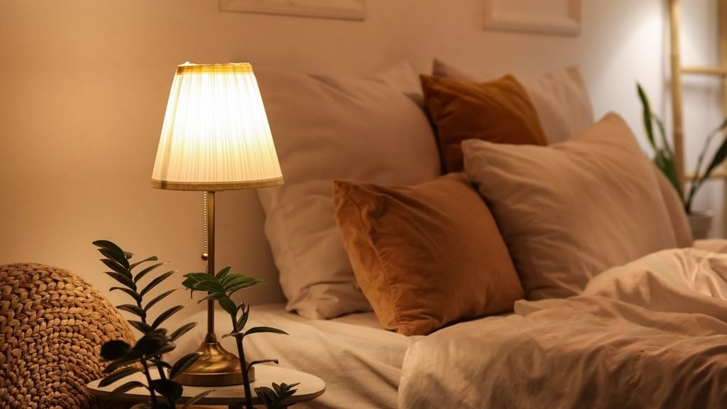 Cozy bedside table with a glowing pleated lamp and green plant next to a bed with velvet pillows