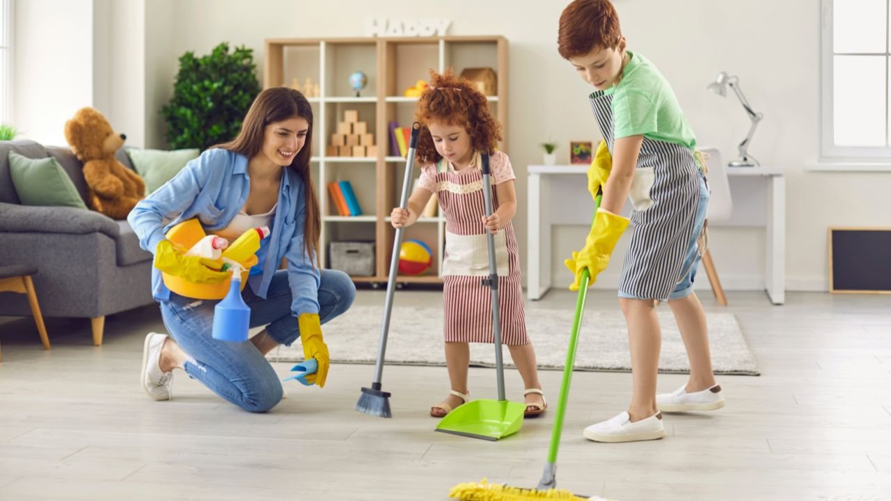 Mother and two children cleaning the living room together with mops, brooms, and dustpan