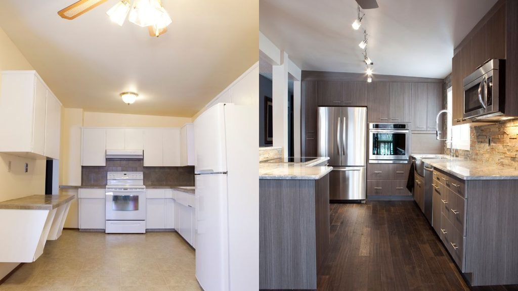Before and after kitchen renovation comparison from outdated white cabinets to modern stainless steel design