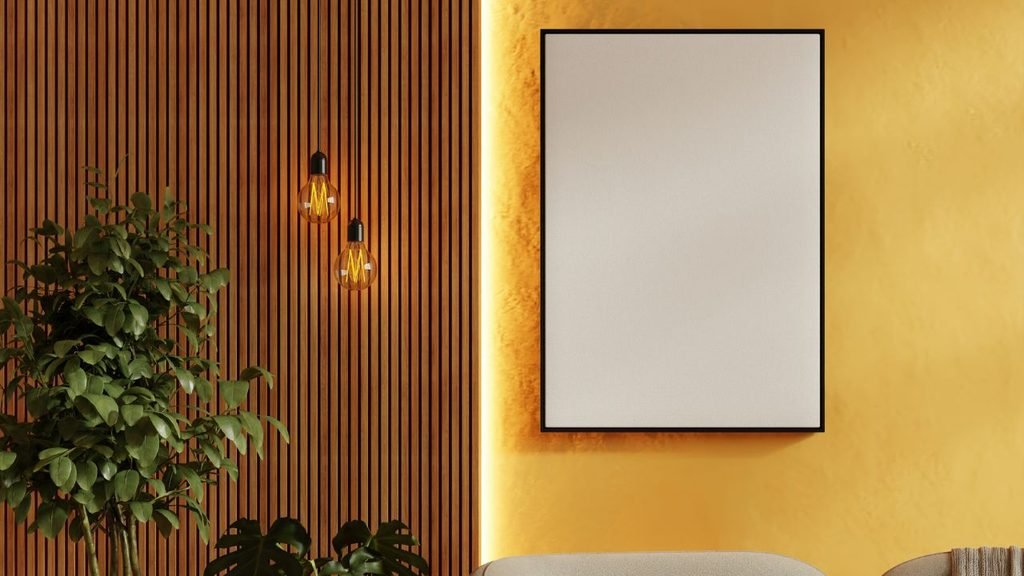 Large blank framed canvas mockup on a mustard yellow wall next to a wood slat panel and hanging Edison bulb lights
