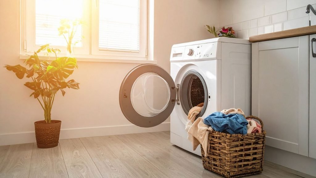 Sunlit laundry room with an open washing machine door and a wicker basket full of clean clothes