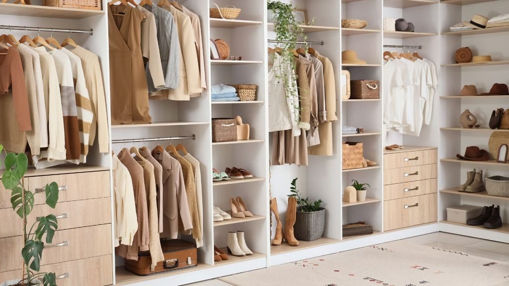 Organized walk-in closet with open wood shelving, hanging rods, and neatly folded clothing