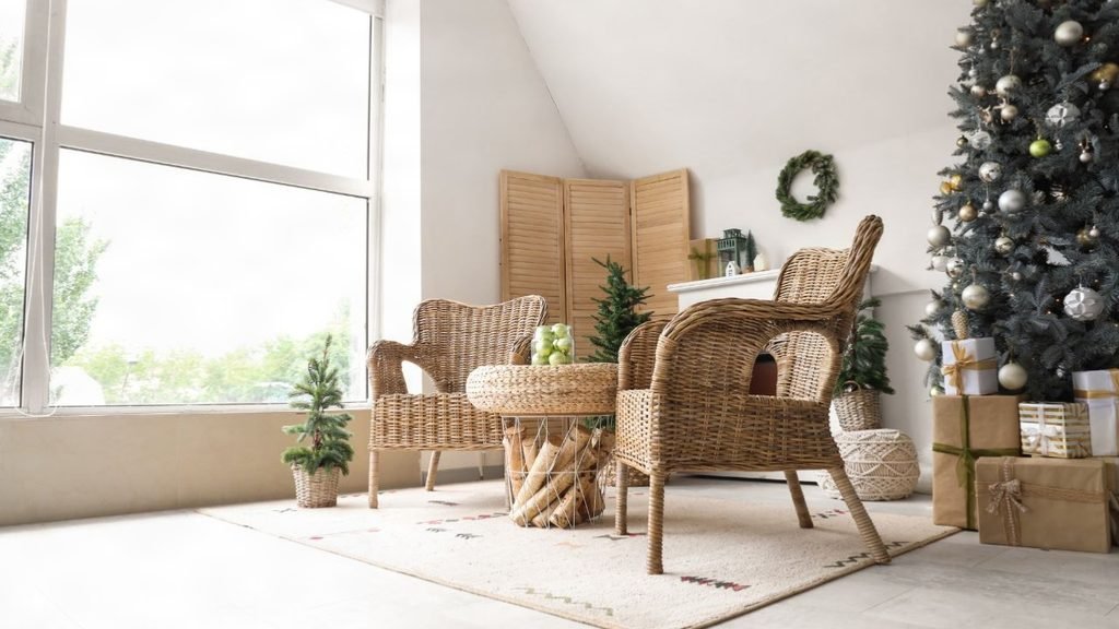 Bright boho living room with wicker chairs, birch logs and mini potted trees, budget Christmas living room decor