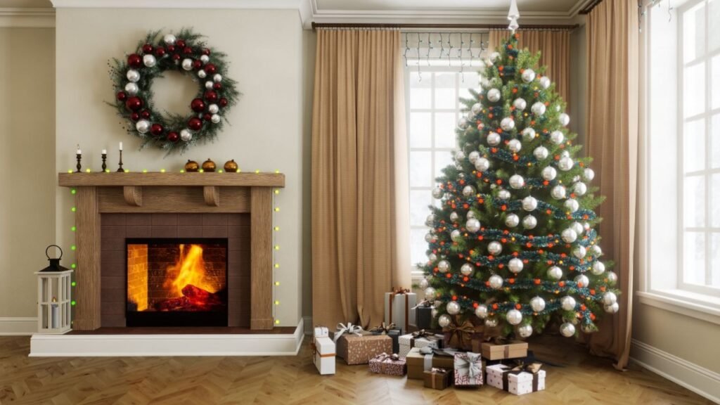 Christmas decorating ideas for a living room with a lit fireplace, red and silver wreath and a tree with silver baubles
