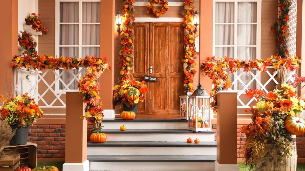 Front porch decorated for autumn with pumpkins, orange leaf garlands, lanterns and a welcome sign on the door
