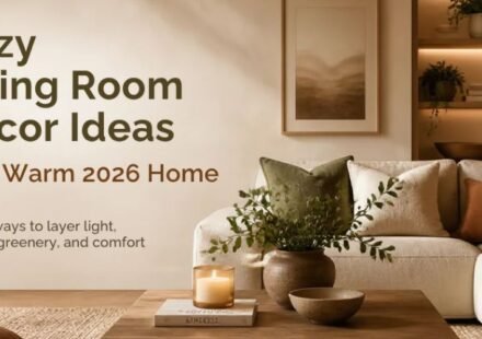 Warm, cozy living room with a neutral sofa, layered textures, greenery, and soft ambient lighting