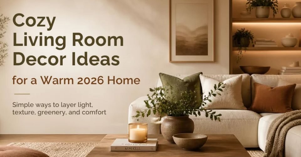Warm, cozy living room with a neutral sofa, layered textures, greenery, and soft ambient lighting