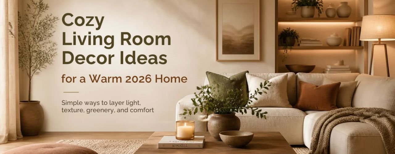 Warm, cozy living room with a neutral sofa, layered textures, greenery, and soft ambient lighting