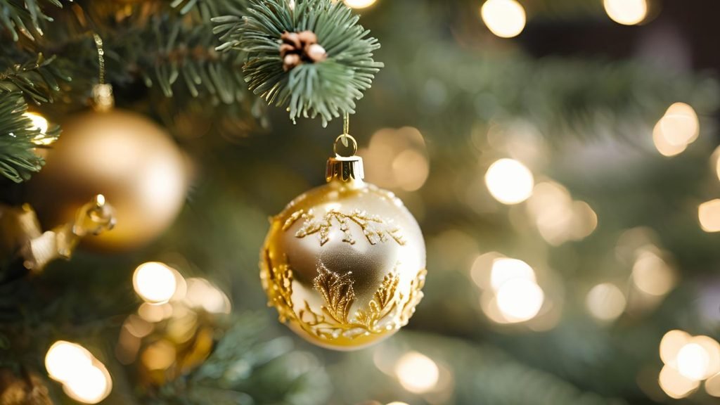 Single ornate gold ornament on a green branch with soft glowing bokeh, a minimalist christmas tree design idea