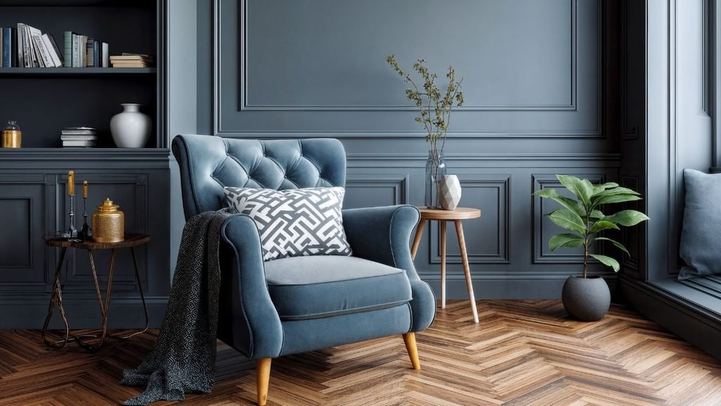 Minimalist cosy interior design reading corner with a blue tufted velvet armchair, wall paneling and a herringbone wood floor