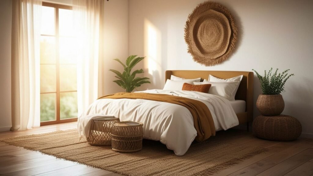 Minimalist cosy interior design bedroom with warm morning light, sheer curtains, a mustard headboard, jute rug and woven wall decor