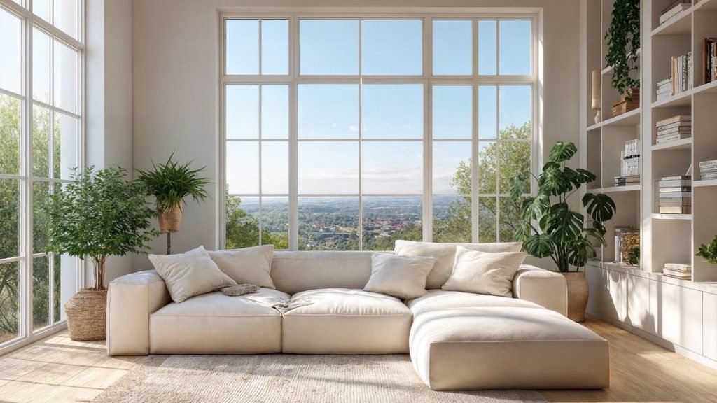 Minimalist cosy interior living room with a beige sectional sofa, floor-to-ceiling windows, built-in bookshelves and green plants