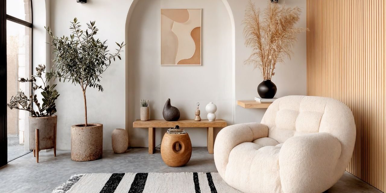 Minimalist cosy interior living room with a cream boucle armchair, arched wall niche, olive tree and a striped natural rug