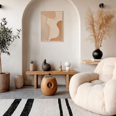 Minimalist cosy interior living room with a cream boucle armchair, arched wall niche, olive tree and a striped natural rug