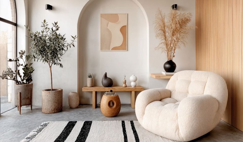 Minimalist cosy interior living room with a cream boucle armchair, arched wall niche, olive tree and a striped natural rug