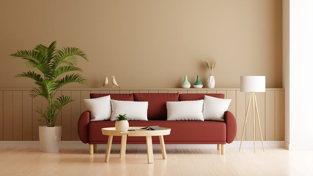 Minimalist cosy interior living room with a terracotta red sofa, beige paneled wall, round wood coffee table and a tall indoor palm