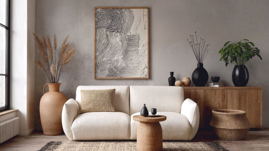 Minimalist cozy interiors living room with a cream curved sofa, round woven side table and oak sideboard under large abstract art