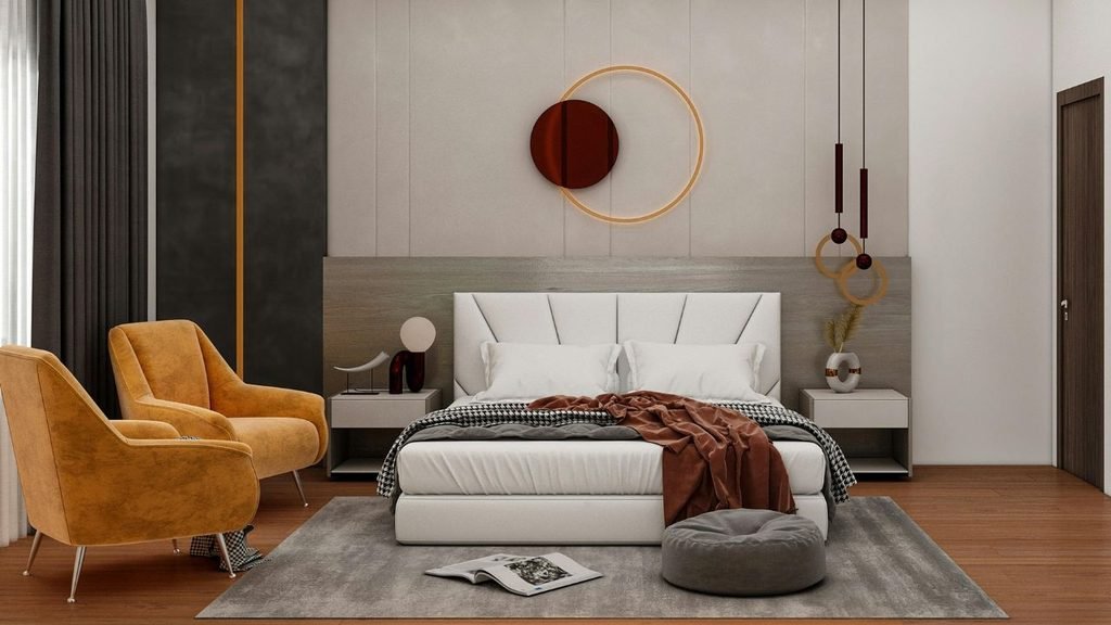 Minimalist cozy interiors in a modern bedroom with a white upholstered bed, mustard armchairs, a glowing ring wall light and a gray rug