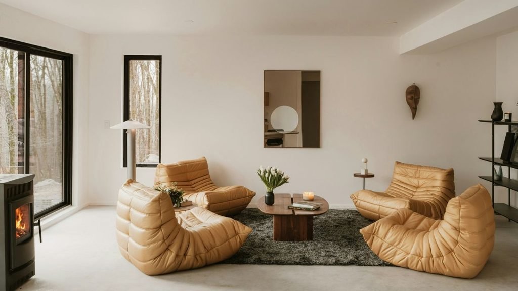Minimalist cozy interiors with tan leather lounge chairs around a walnut coffee table, a shaggy rug and a warm wood stove