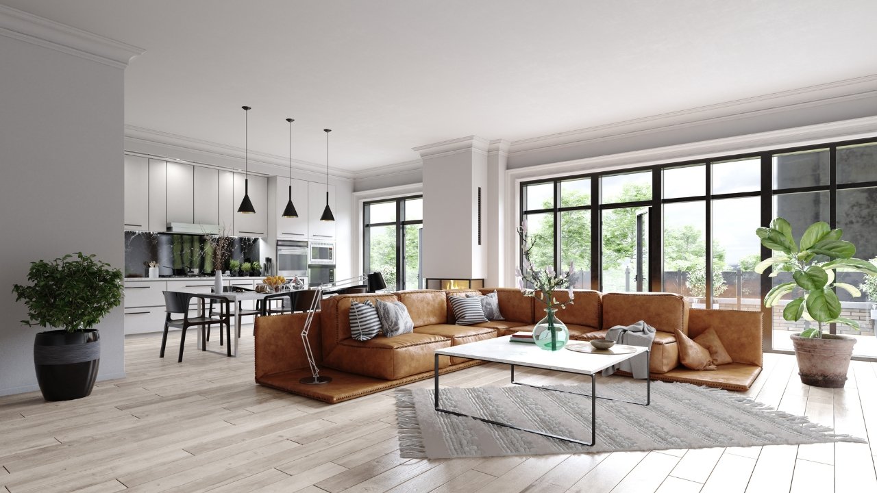 Bright open-plan living room and kitchen with organized storage and large windows