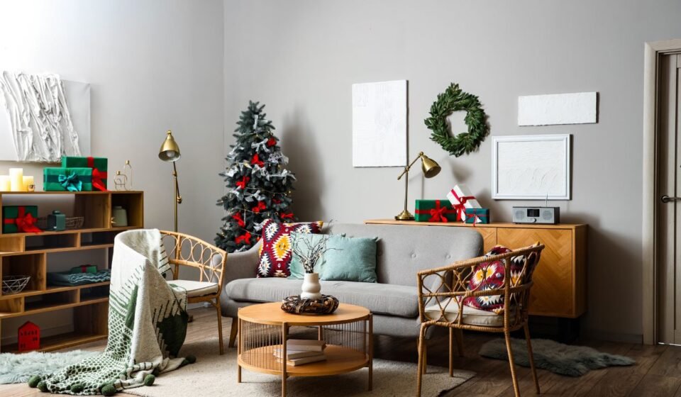 Neutral living room with rattan chairs, brass lamps, green wrapped gifts and a slim tree with red ribbons and silver bows