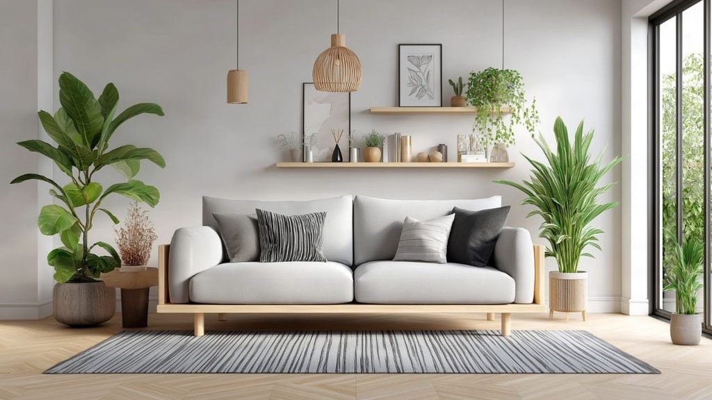 Small living room with a light sofa on a wood frame, rattan pendant lamps, a floating shelf and green plants.