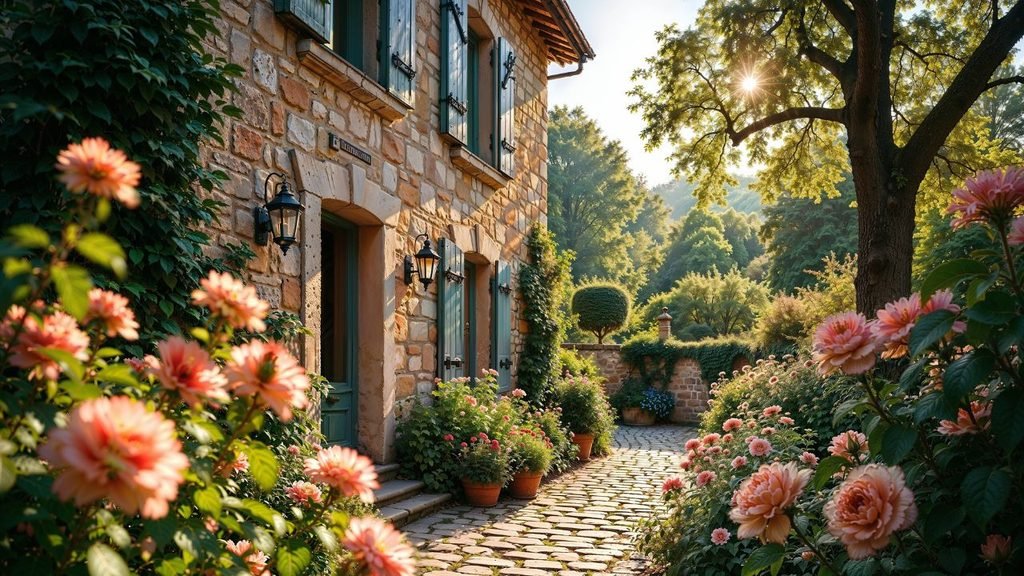 Stone house garden ideas with a cobblestone path, pink dahlias, climbing ivy and green shuttered windows in golden light
