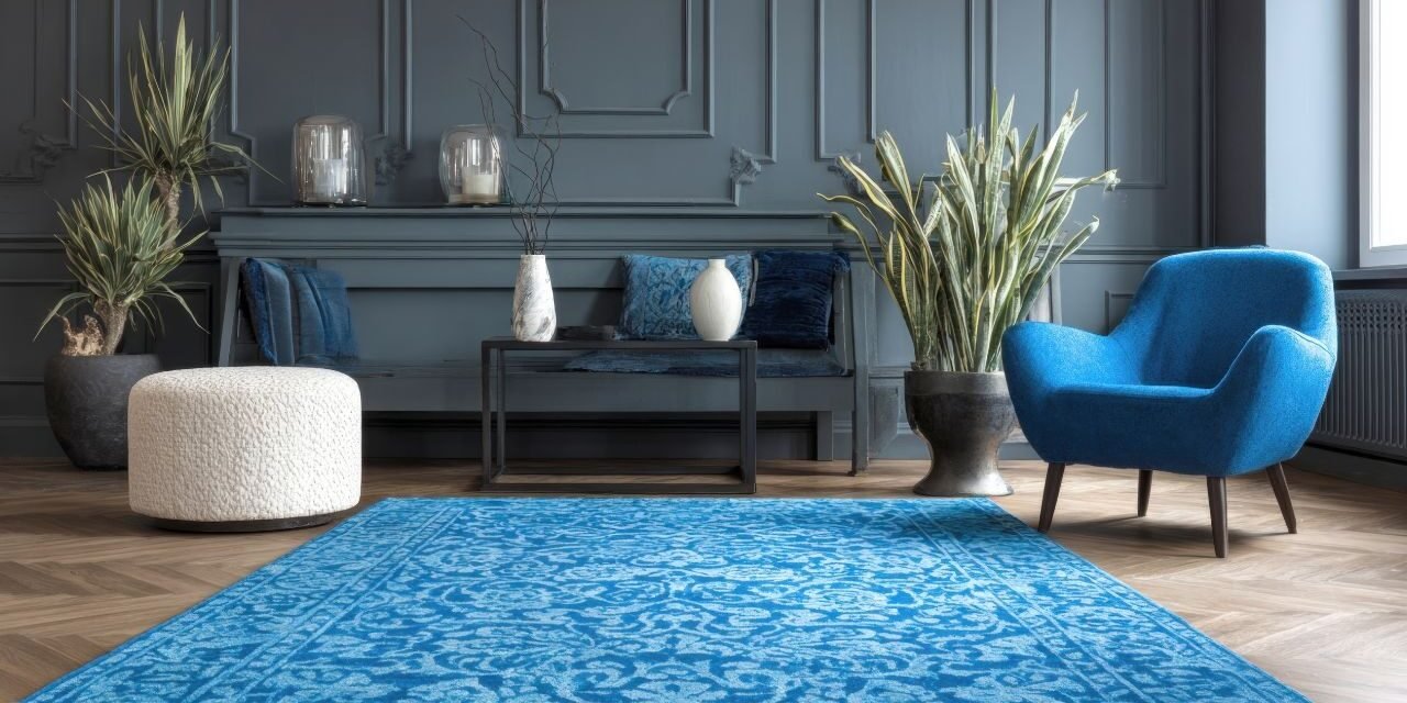 Dark gray-blue wainscoting panels behind a bench, with a blue armchair, patterned blue rug and potted snake plants