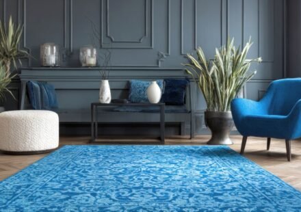 Dark gray-blue wainscoting panels behind a bench, with a blue armchair, patterned blue rug and potted snake plants